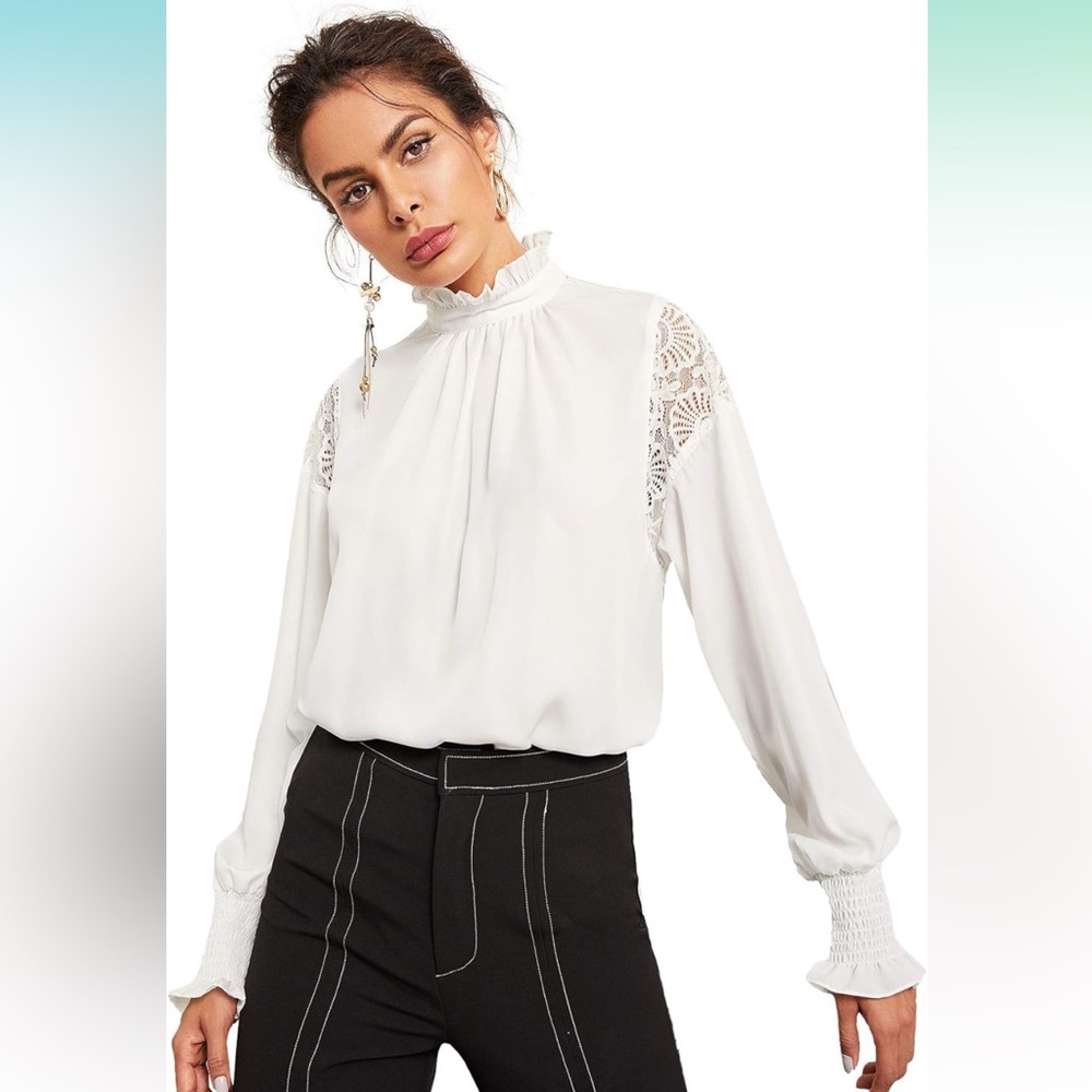 Floerns White Lace Puff Sleeve Blouse